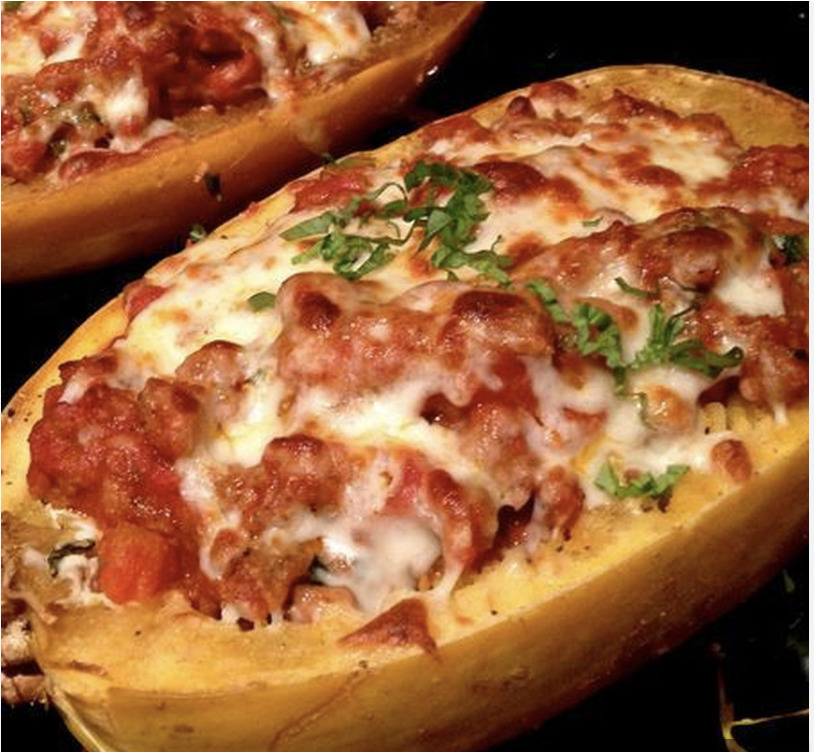 Close up image of a healthy spaghetti squash, freshly baked.
