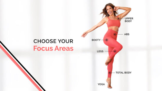 Brooke Burke poses for workout photo alongside graphic of targeted workout areas.